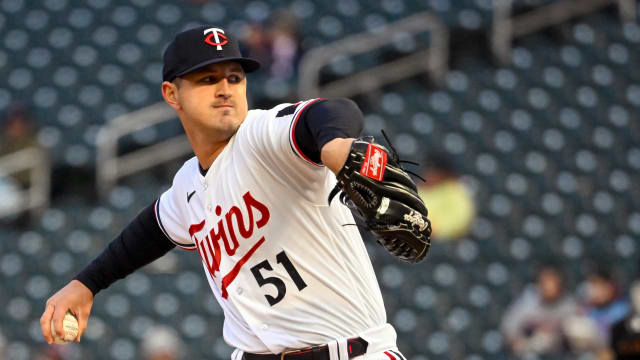 Apr 21, 2023; Minneapolis, Minnesota, USA; Minnesota Twins pitcher Tyler Mahle (51) delivers a pitch against the Washington Nationals at Target Field. Mandatory Credit: Nick Wosika-USA TODAY Sports  